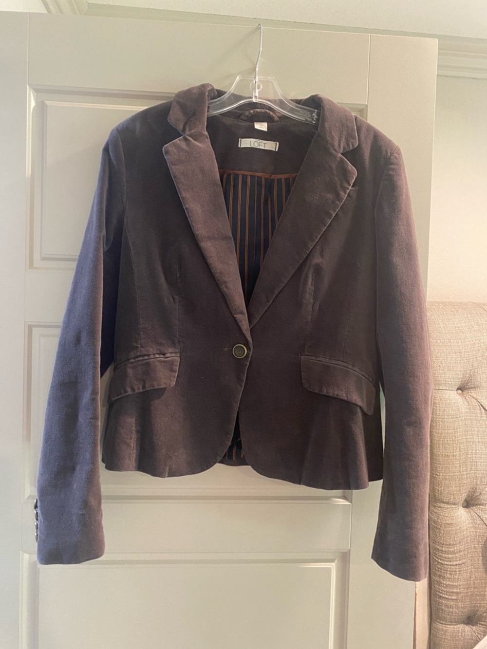 LOFT Brown Velvet Blazer with Striped Lining - Picture 2 of 5